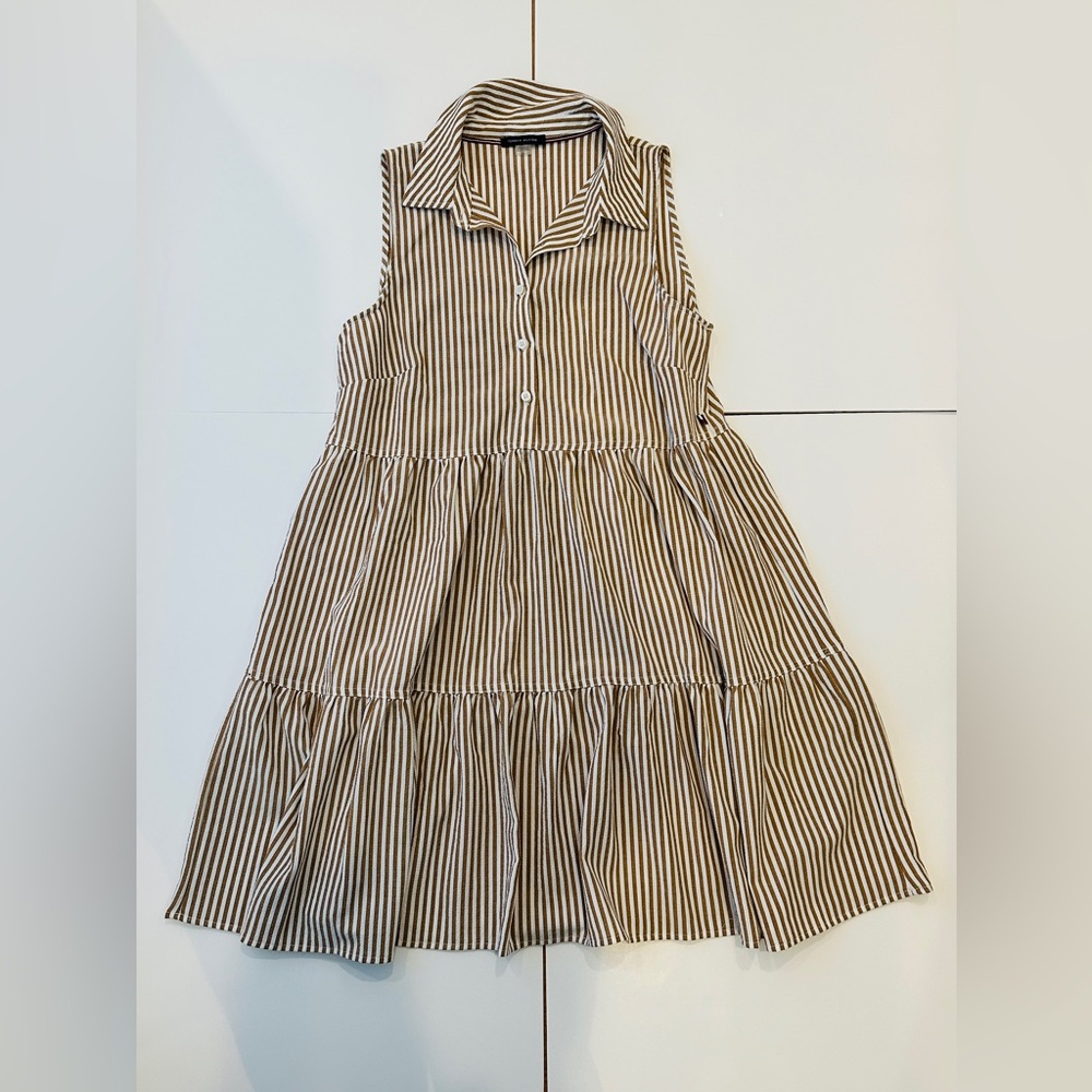 Calvin Klein Brown and White Striped Sleeveless Tiered Dress